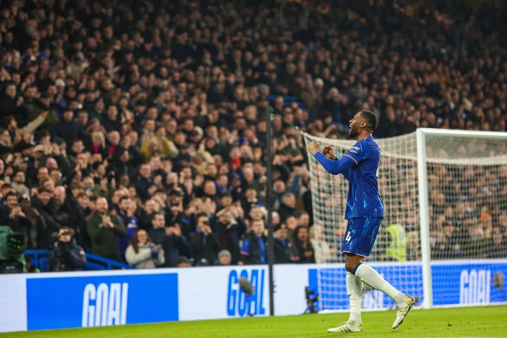 Tosin Adarabioyo celebrates with teammates after scoring a goal during the match between Chelsea and Wolverhampton Wanderers